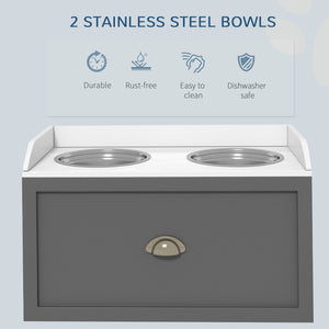 Raised bowls with storage drawer with 2 stainless steel bowls, gray