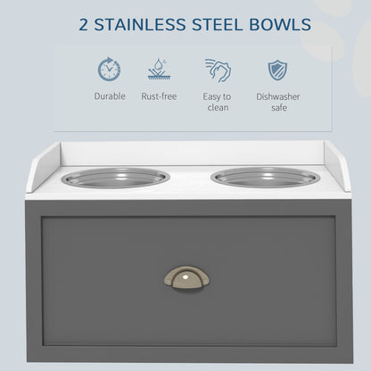 Gamelles surélevées avec tiroir de rangement avec 2 gamelles en acier inoxydable, gris