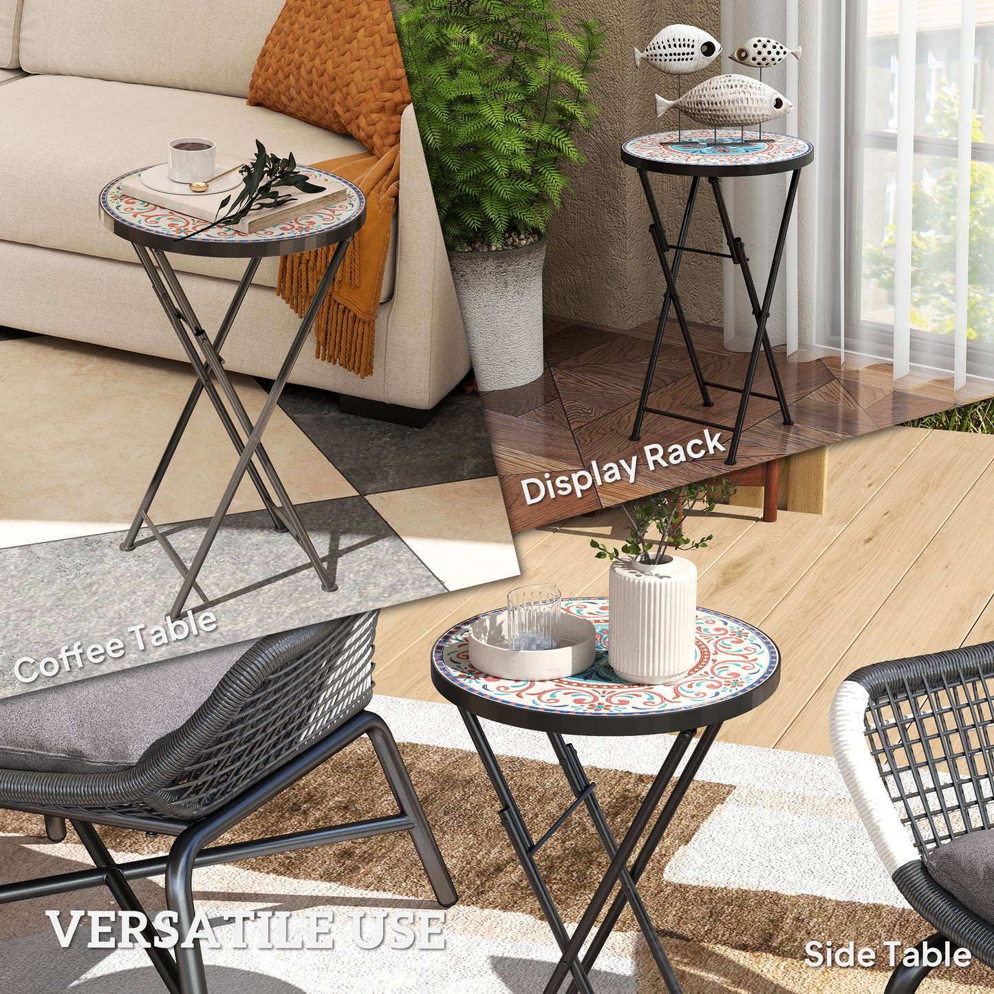 Outsunny Mosaic Outdoor Side Table, 14" Round Folding Coffee Table with Steel Frame for Balcony, Patio, Assorted Colors