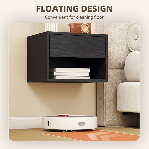Ensemble de 2 tables de chevet flottantes avec tiroir et tablette ouverte – Noir