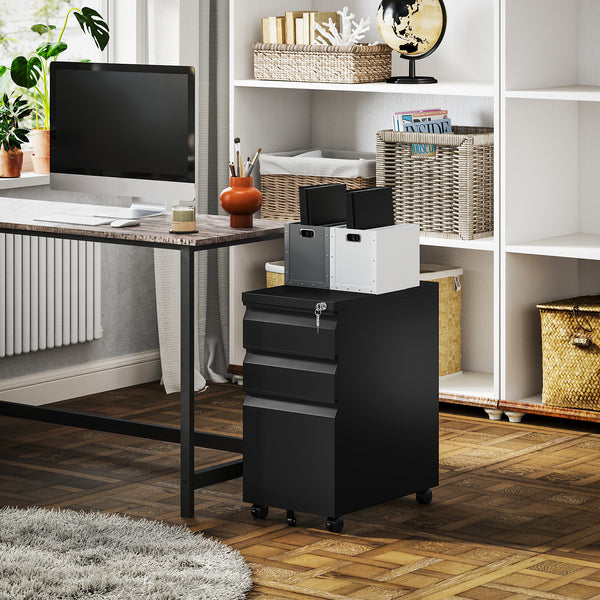 Classeur 3 tiroirs avec serrure, armoire de rangement de bureau en acier avec barre de suspension pour dossiers A4, Légal et Lettre, noir