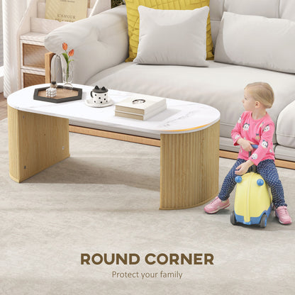 Table de salon moderne effet marbre avec coins arrondis et pieds épais, bois naturel