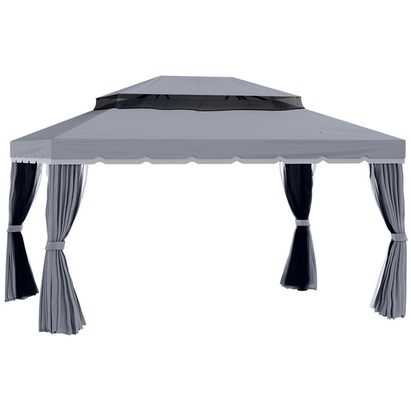 13' x 10' Patio Gazebo, Double Roof Outdoor Gazebo Canopy Shelter with Netting &amp; Curtains, Strong Aluminum Frame, Dark Gray