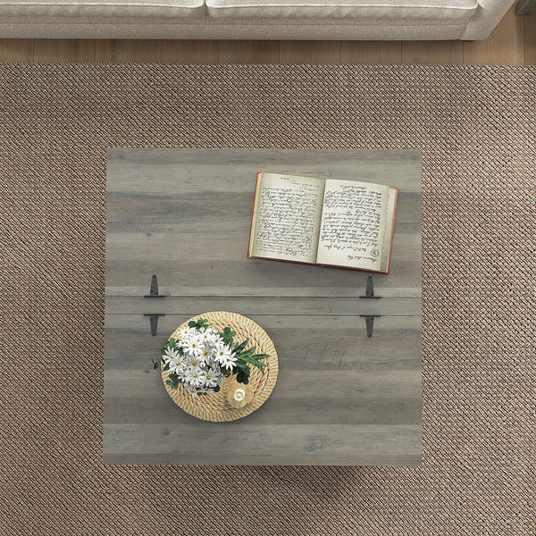 Table basse de style farmhouse avec couvercles rabattables, gris vieilli