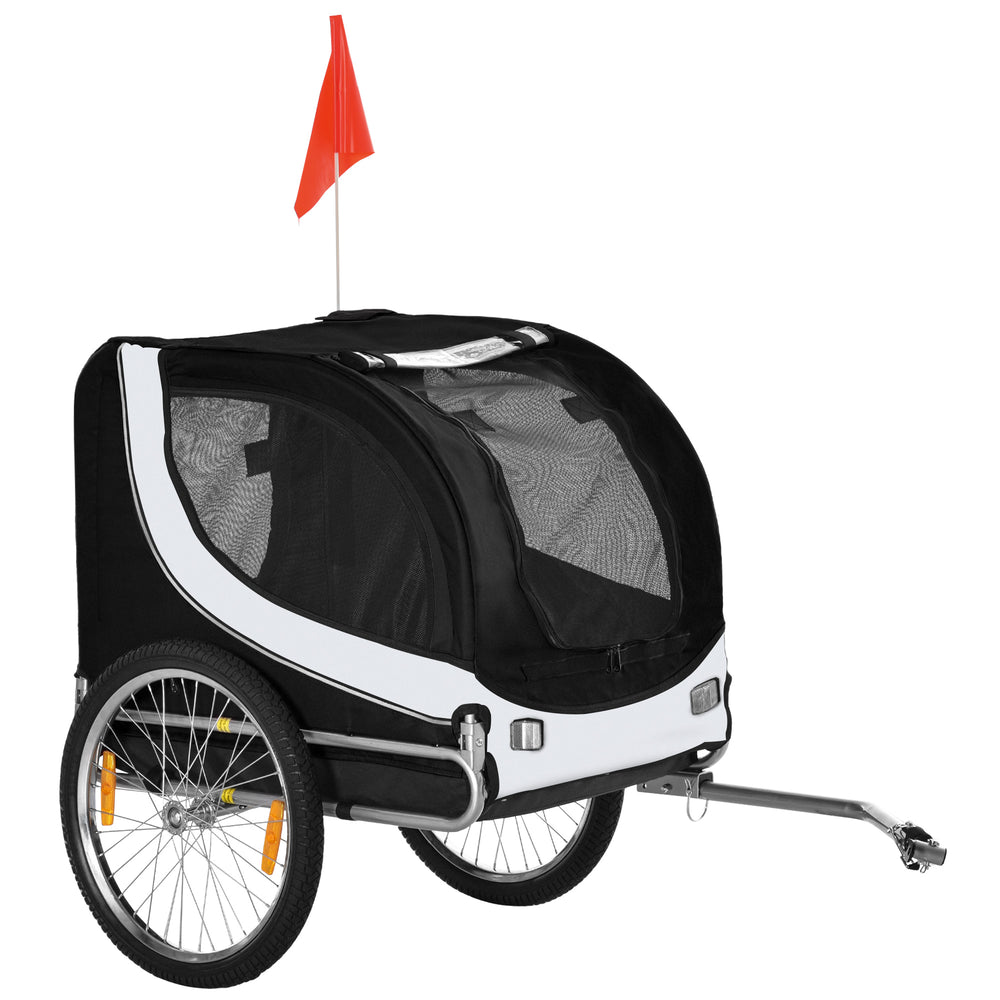 Remorque vélo pour chien avec attelage, réflecteurs et drapeau, blanc