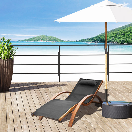 Outsunny Outdoor Wooden Reclining Patio Camping Lounge Chair with Headrest, Teak and Black