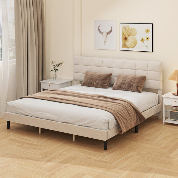 Cadre de lit king size avec tête de lit rembourrée avec lattes en bois, capacité de charge de 500 kg, couleur crème