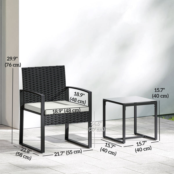 Outdoor Bistro Set, 3 Piece Wicker Patio Furniture Set with Glass Top Table and Cushions for Porch, Balcony, Cream White
