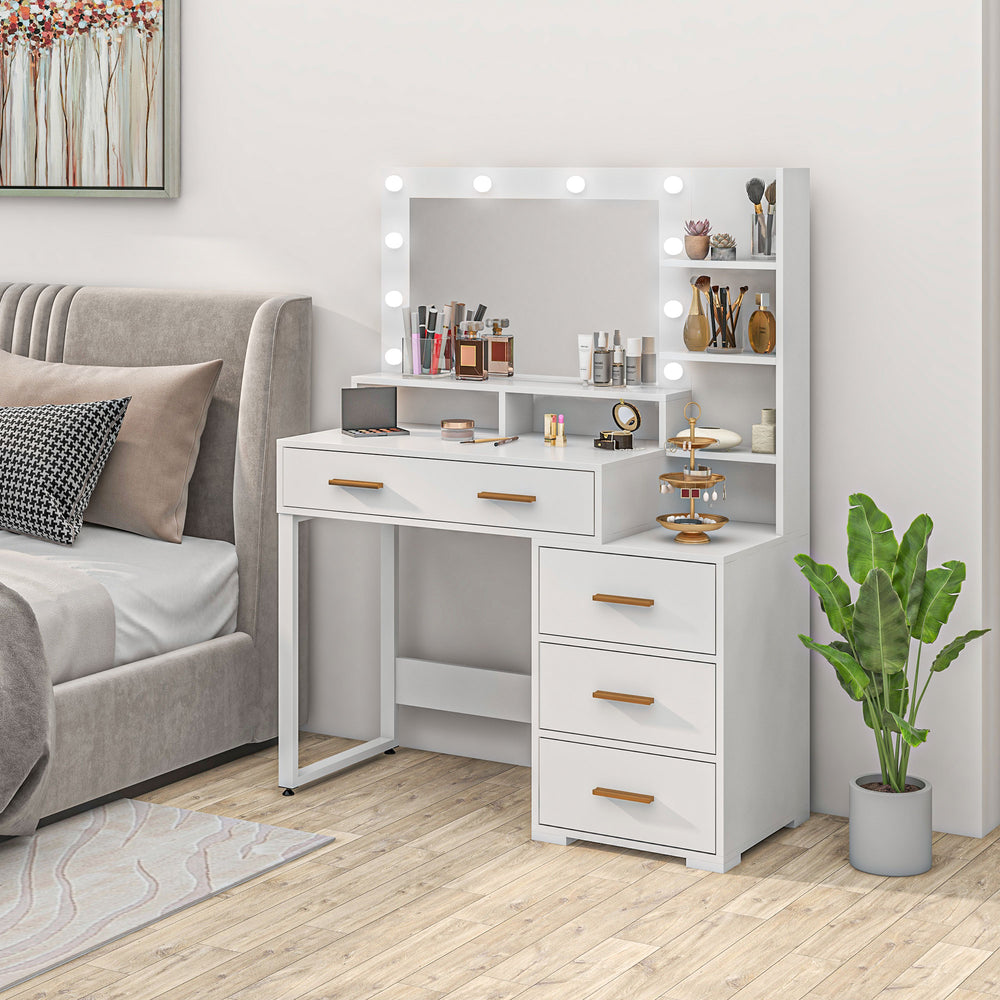 Coiffeuse lumineuse LED avec miroir, tiroir et étagères de rangement, blanche