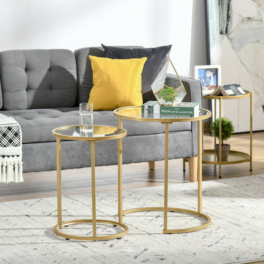 Lot de 2 tables d'appoints gigognes avec base en métal, doré