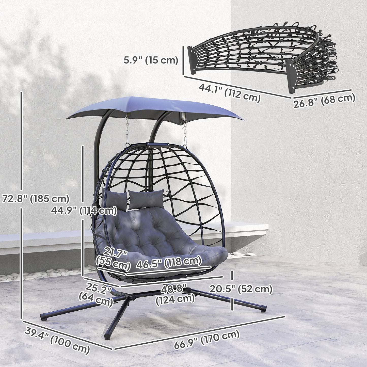 Outsunny Balancelle double en osier avec auvent, pliable et suspendue, avec appui-tête et coussin, noir