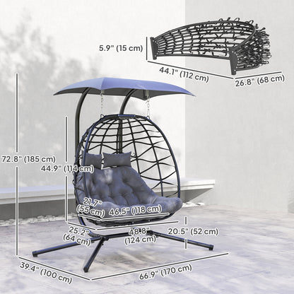 Outsunny Balancelle double en osier avec auvent, pliable et suspendue, avec appui-tête et coussin, noir
