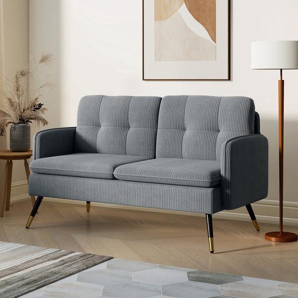 Two-seater corduroy sofa with springs, steel legs and tufting, dark gray