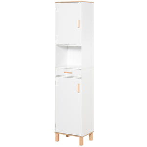 White bathroom storage cabinet with cupboards and drawer