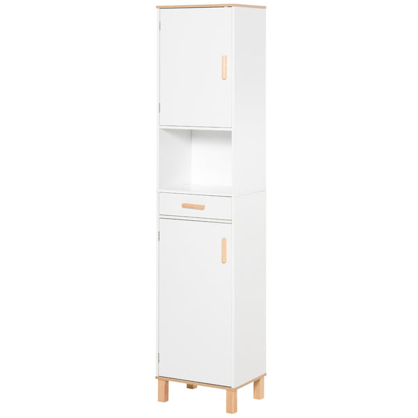White bathroom storage cabinet with cupboards and drawer