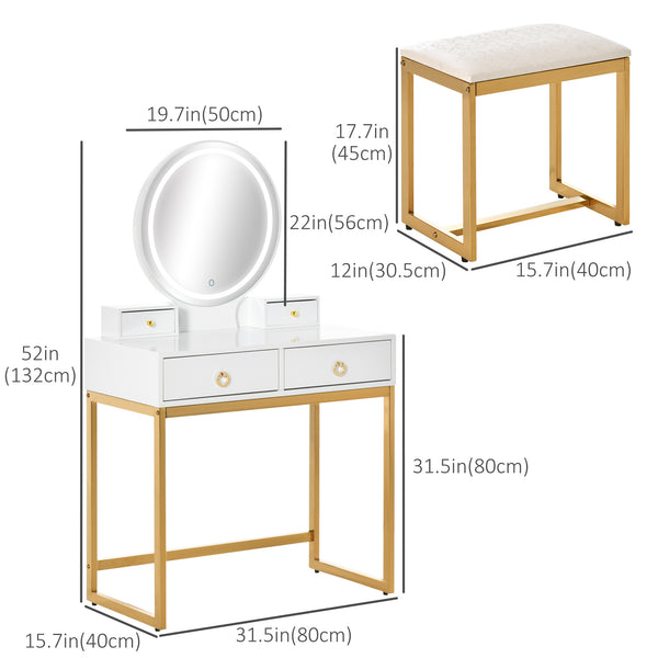 Coiffeuse avec miroir tactile 3 couleurs et éclairage à intensité variable, blanc