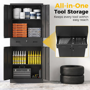 Armoire de rangement en acier verrouillable avec tiroir et tablettes ajustables, noir
