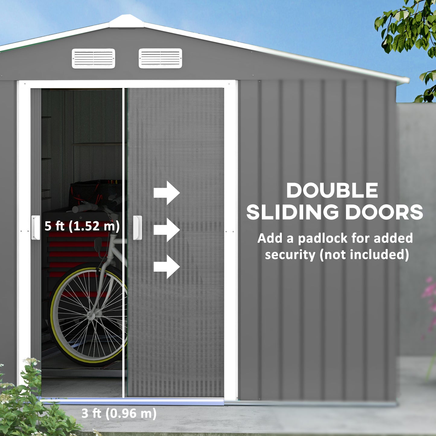 9' x 10.6' Garden Shed with Foundation Kit for Storage with Double Doors, Light Gray
