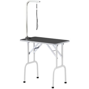 Foldable grooming table with adjustable arm and non-slip surface, black