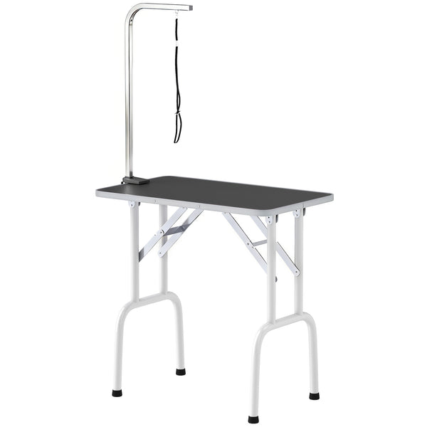 Foldable grooming table with adjustable arm and non-slip surface, black