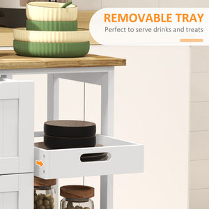 Chariot de cuisinesur roulettes avec plateau en bois, 3 tiroirs et étagères, blanc