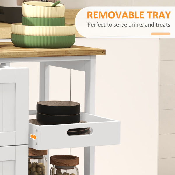 Chariot de cuisinesur roulettes avec plateau en bois, 3 tiroirs et étagères, blanc