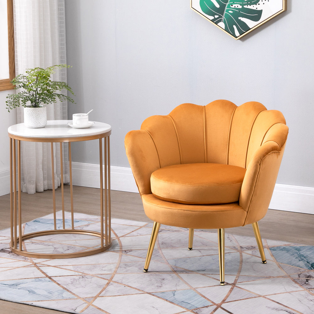 Fauteuil d'appoint lotus en tissu velours avec pieds en métal doré, jaune