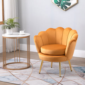 Fauteuil d'appoint lotus en tissu velours avec pieds en métal doré, jaune