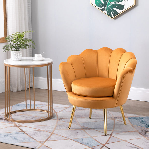Fauteuil d'appoint lotus en tissu velours avec pieds en métal doré, jaune