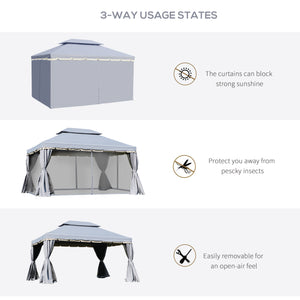 13' x 10' Patio Gazebo Canopy with 2-Tier Polyester Roof, Vented Mesh Sidewall &amp; Strong Aluminum Frame, Gray