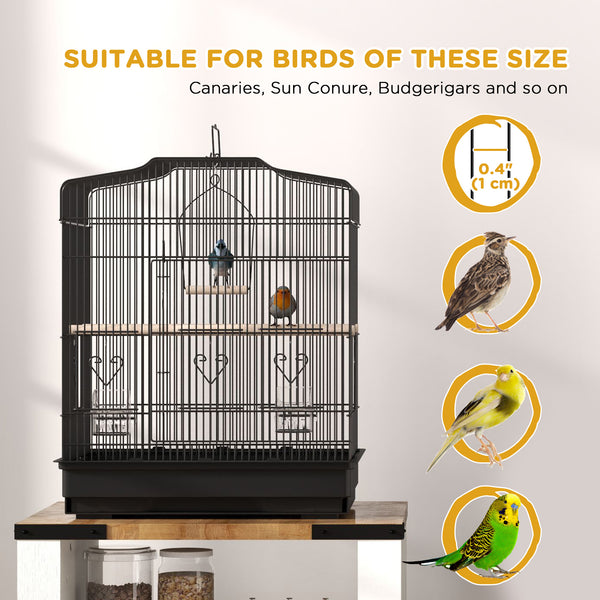 Cage à oiseaux 58 cm, pinsons, canaris, perroquets avec portes et perchoirs, 2 mangeoires, fournitures pour animaux, noir