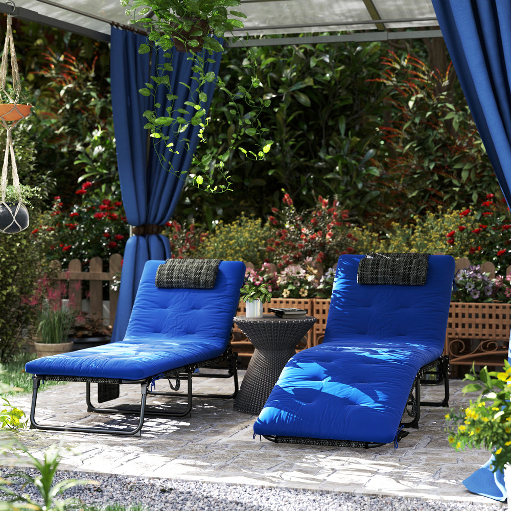 Lot de 2 chaises longues pliantes avec dossier inclinable à 4 niveaux avec coussin, tissu en maille respirante, poche latérale, appui-tête, bleu