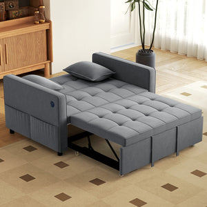 3‑in‑1 Convertible Sofa Bed, Pull Out Sleeper Sofa with USB Charging, Adjustable Backrest, Side Pockets, Dark Gray
