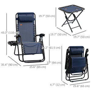 Ensemble de 2 chaises de patio Zero Gravity avec table d'appoint, porte-gobelets et coussins pour piscine, jardin, pelouse, plage, bleu