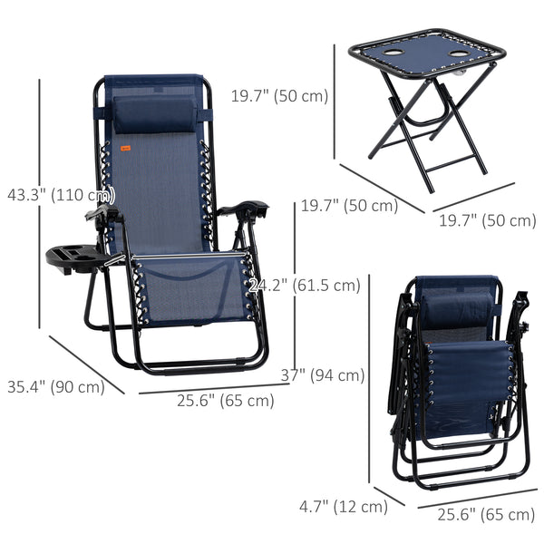 Ensemble de 2 chaises de patio Zero Gravity avec table d'appoint, porte-gobelets et coussins pour piscine, jardin, pelouse, plage, bleu