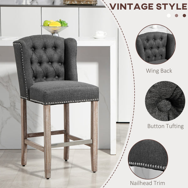 Set of 2 upholstered bar stools with studded backrest and footrest, dark grey