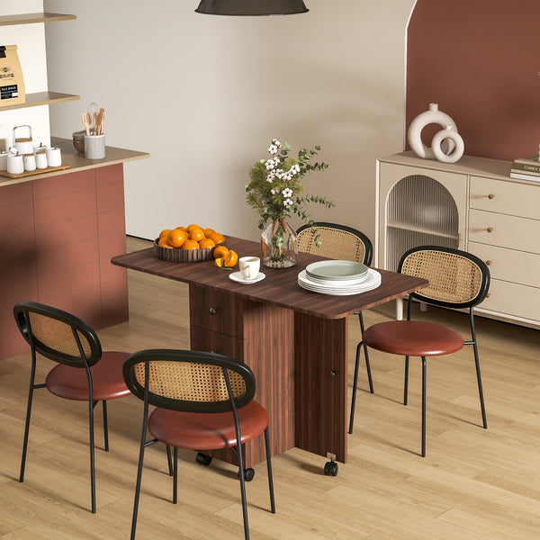 Table de salle à manger à abattants sur roulettes avec tiroirs, marron