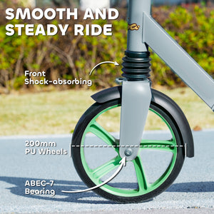 Scooter for children from 6 to 12 years old, adjustable height, rear brake, large 200 mm wheel, foldable, green