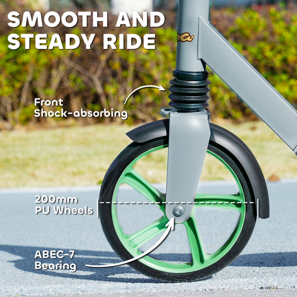 Scooter for children from 6 to 12 years old, adjustable height, rear brake, large 200 mm wheel, foldable, green