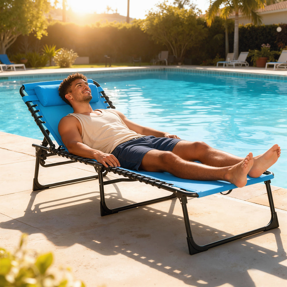 Chaise longue pliante d'extérieur réglable en 4 positions avec appui-tête, bleu ciel