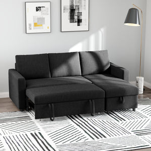 Convertible Corner Sofa Bed, Built-In Storage & 3 Removable Back Cushions, Black