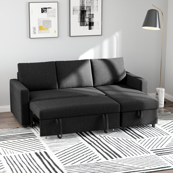 Convertible Corner Sofa Bed, Built-In Storage & 3 Removable Back Cushions, Black