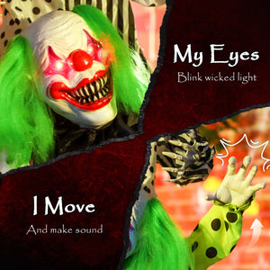 Life Size Stackable Halloween Animated Clown with Red Light Up Eyes, Sound Activated Scary Clown Halloween Decorations