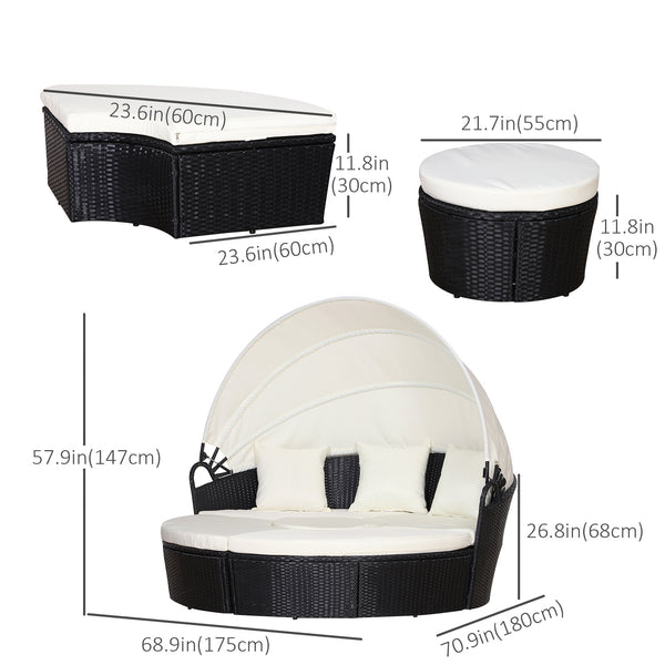 4 Pieces Outdoor Daybed with Retractable Canopy, PE Rattan Wicker Round Sofa Day Bed, Patio Sectional  Conversation Furniture Set with Cushions and Pillows, Cream White