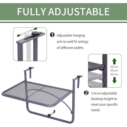 Outsunny Adjustable Balcony Hanging Rail Table Metal Mounting Mini Wall Desk Outdoor Flower Stand Serving Table, Gray |