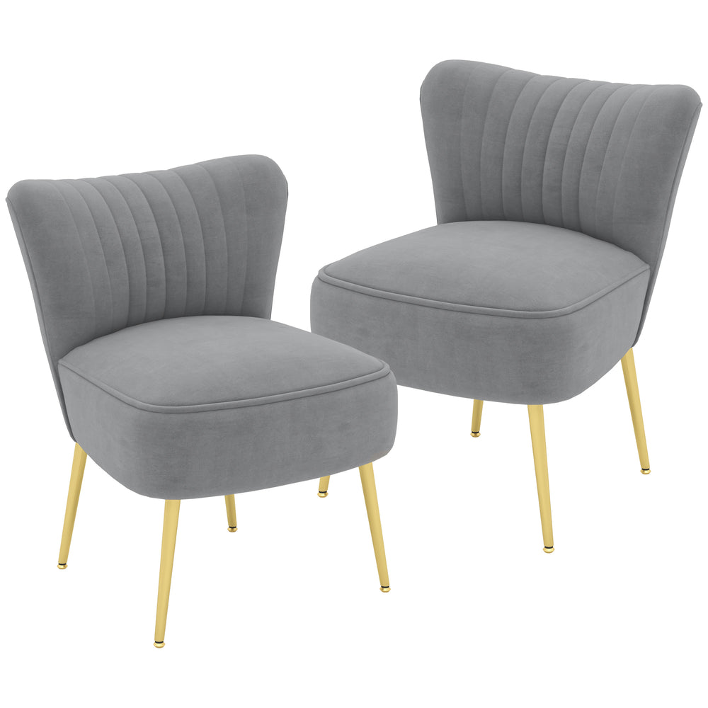 Lot de 2 fauteuils en velours avec pieds en acier doré et dossier capitonné, gris