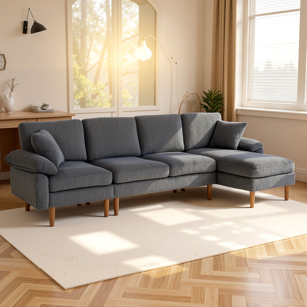 Canapé d'angle avec méridienne modulable, coussins et pieds en bois pour salon, gris foncé
