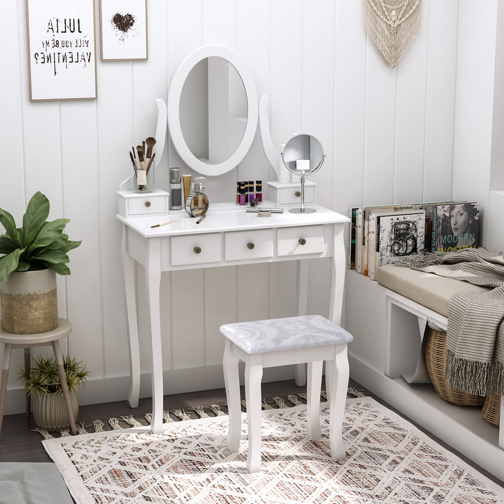 Coiffeuse en bois avec miroir rotatif à 360°, 5 tiroirs et tabouret rembourré, blanc