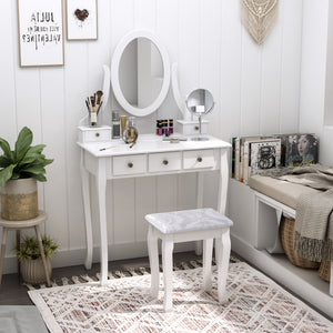 Coiffeuse en bois avec miroir rotatif à 360°, 5 tiroirs et tabouret rembourré, blanc