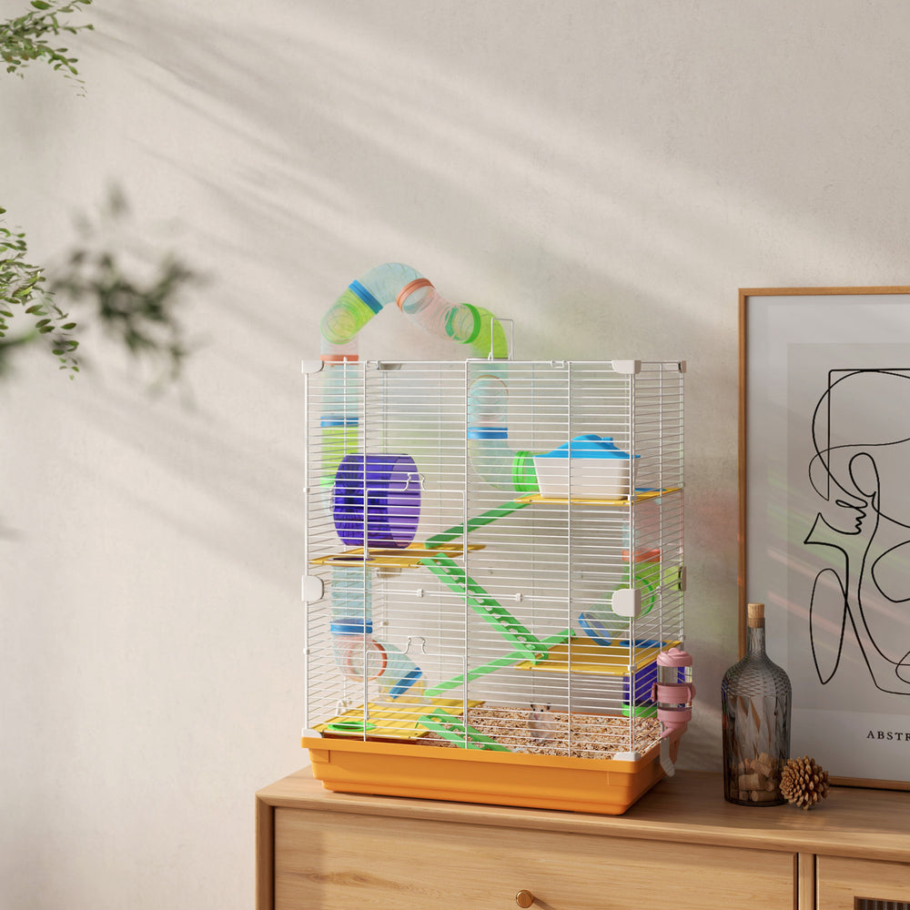 Cage pour hamster portable à 5 niveaux avec roues d'exercice, tube de jeu, bouteille d'eau, gamelle, échelle pour gerbilles, orange